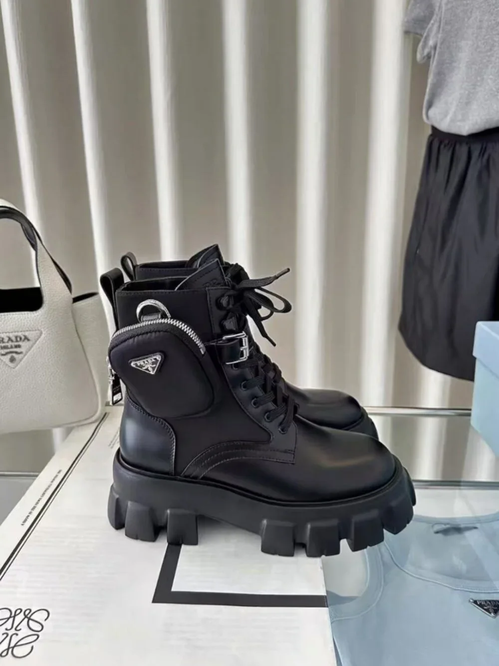 Prada Detachable Pocket Lug Sole Leather Combat Boots